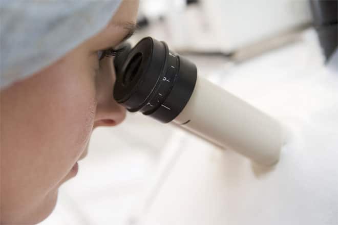 Scientist looking down microscope