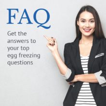 Woman pointing towards text reading "FAQ - get the answers to your top egg freezing questions"