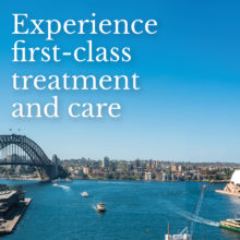 Landscape image of Sydney Harbour Bridge with text reading "experience first-class treatment and care"