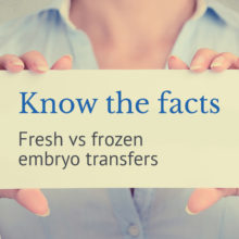 Person holding page with text reading" Know the facts: fresh vs frozen embryo transfers"
