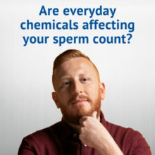 handsome redhead looking at camera while touching his face - text that reads: are every chemicals affecting your sperm count