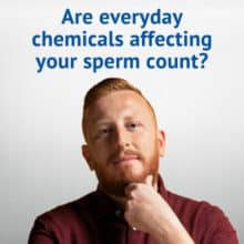 handsome redhead looking at camera while touching his face - text that reads: are every chemicals affecting your sperm count