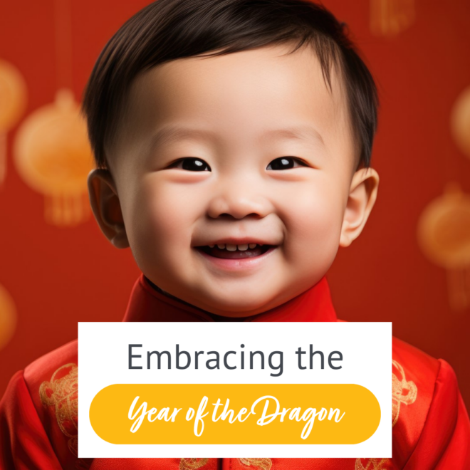 Image of Chinese child with text reading "Embracing the year of the dragon".
